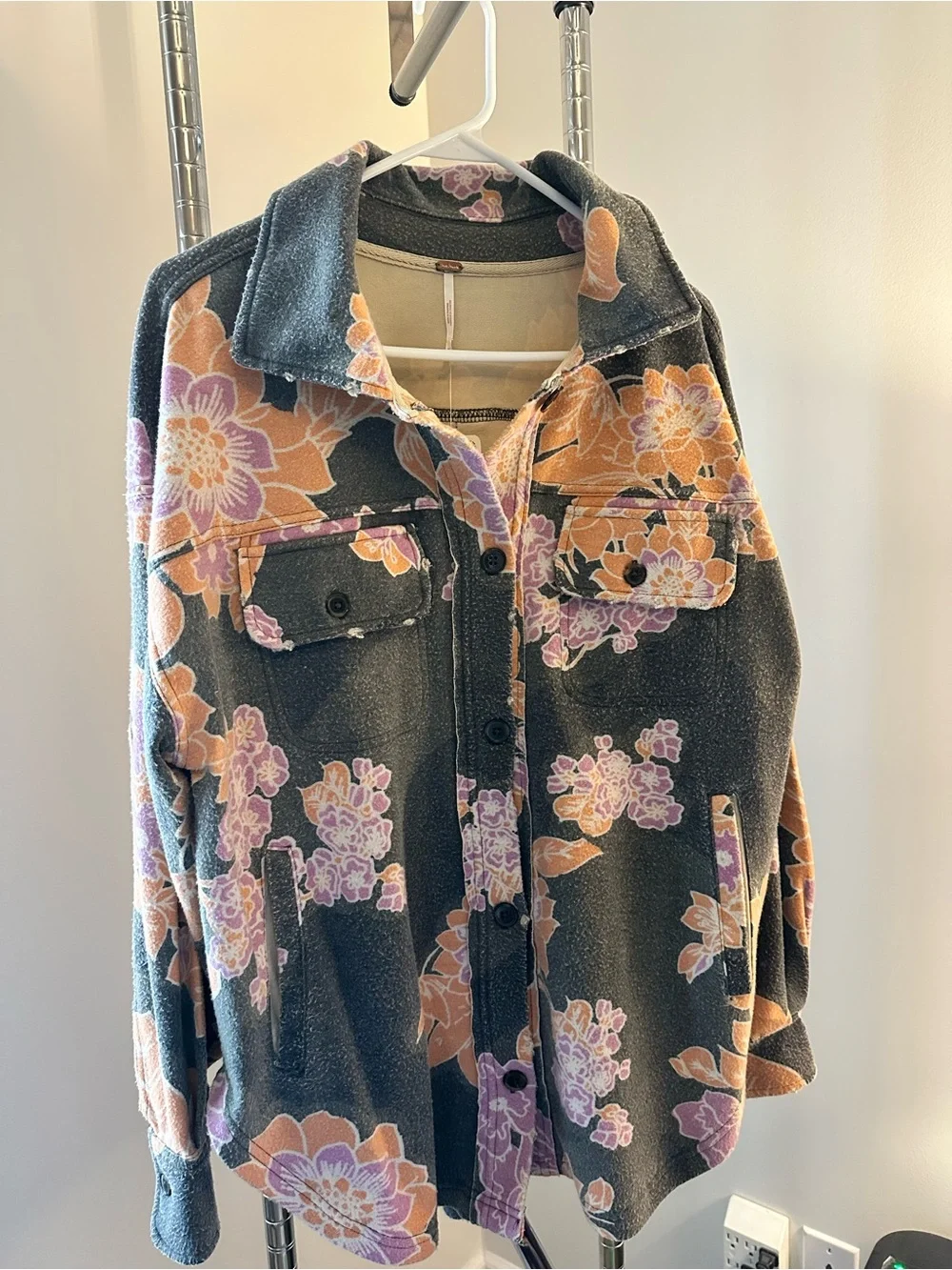 Free People Floral Jacket - Gray with Peach & Lilac - Picture 2 of 5